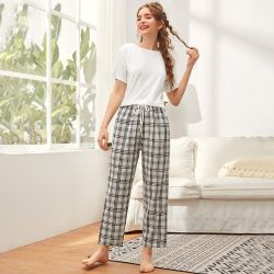 Ensemble de pyjama à carreaux avec cordon et t-shirt unicolore à manches courtes - SHEIN - Modalova
