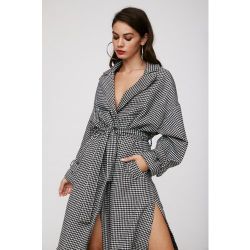 Womens Manteau Long Ceinturé À Motifs Pied-De-Poule Affaire De La Poule Haute Importance - Nasty Gal - Modalova