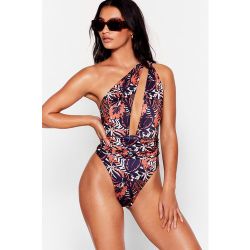 Womens Maillot De Bain 1-Pièce Échancré Et Asymétrique À Imprimé Feuilles Drapeau Rouge - Nasty Gal - Modalova