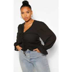 Grande Taille - Chemisier Effet Plissé À Manches Bouffantes Et Décolleté Plongeant - boohoo - Modalova