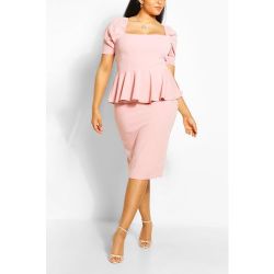 Robe Mi-Longue Peplum À Manches Bouffantes Plus - /Coquille D'Œuf - 52, /Coquille D'Œuf - boohoo - Modalova