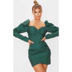 Robe moulante vert émeraude imprimé pois à manches bouffantes torsadée devant - PrettyLittleThing - Modalova