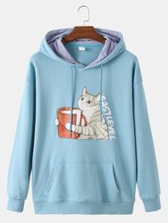 Hoodies de cordon de coton imprimés par lettre de chat de bande dessinées avec la poche de poche - Newchic - Modalova