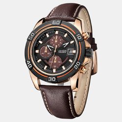 Business Sport s Montres Tridimensionnelle Double Cadran En Cuir Bande Montre À Quartz Chronographe Lumineux - Newchic - Modalova