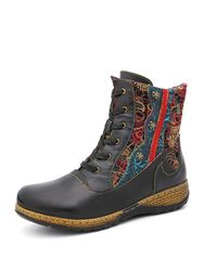 SOCOFY Bottes courtes plates à glissière en cuir de couleur unie d'épissage floral de broderie rétro - Newchic - Modalova