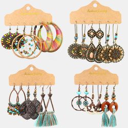 Pcs Bohème Dreamcatcher Tassel Boucles D'oreilles Ensemble Géométrique Creux Turquoise Pendentif Longues Boucles D'oreilles - Newchic - Modalova