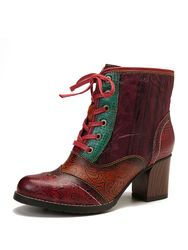 SOCOFY Rétro couleur en cuir véritable épissure à lacets bottes à talons hauts à glissière - Newchic - Modalova