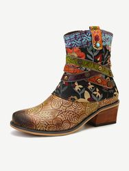 SOCOFY Bottes plates confortables en cuir véritable à motif imprimé rétro - Newchic - Modalova