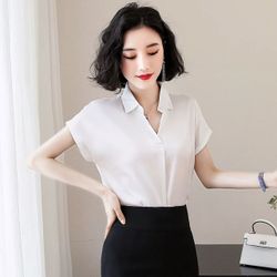 Simulation Soie Col V Couleur unie Chemise à manches courtes Chemise Chemise Saison Nouveauté Chemise en Satin Lâche Tempête Ol - Newchic - Modalova