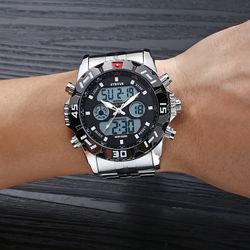 Double affichage s montre de sport numérique chronographe calendrier d'alarme montre à quartz en acier inoxydable en trois dimensions - Newchic - Modalova