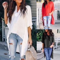 Vente chaude Couleur Unie Col V Longue Chemise Irrégulière Chemise À Manches Chauve-Souris - Newchic - Modalova