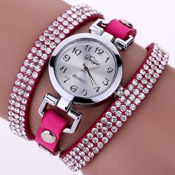 DUOYA Mode Cadran Rond Montre-Bracelet Full Strass Bracelet Montre Multicouche Cuir s Montres - Newchic - Modalova