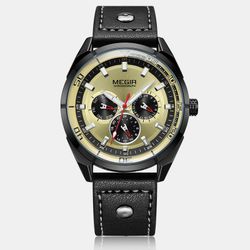 Business Sport s Montres Cadran Design à trois yeux en cuir Bande Montre à quartz chronographe lumineux - Newchic - Modalova
