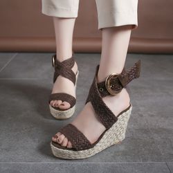 S Compensées Talon Tressé Espadrille Cheville Cross Buckle Strap Sandales - Newchic - Modalova