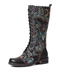 SOCOFY Motif de fleurs magnifiques Colorful Couture élégante à glissière à lacets Bottes mi-mollet plates - Newchic - Modalova