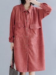 Vintage poches en velours côtelé manches longues veste longue robe ample - Newchic - Modalova