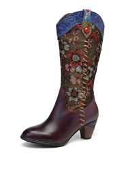 SOCOFY Retro Sun Flower fait à la main en cuir véritable cousant des bottes plates mi-mollet - Newchic - Modalova