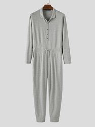 Poches de couleur pure bouton pression Loungewear cordon de serrage combinaison pyjamas Onesiess - Newchic - Modalova