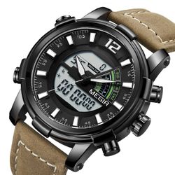 Style sportif militaire LED Chronographe Lumineux Dual Display Digital Watch en cuir s Montre au poignet - Newchic - Modalova