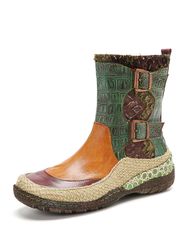 SOCOFY Bottes courtes plates en lin tissé à bout rond en cuir à blocs de couleurs rétro - Newchic - Modalova