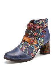 SOCOFY Fleurs Broderie Épissage En Cuir Véritable Semelle Portable Talon Chunky Bottines - Newchic - Modalova