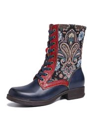 SOCOFY Motif Folkways rétro en relief en cuir véritable surpiqûres à lacets à glissière bottes plates - Newchic - Modalova