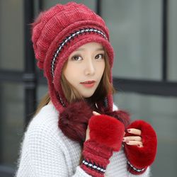 S correspondant chapeau bonnet et gant hiver ensemble chapeau avec oreille rabats bonnet chapeau avec fausse fourrure Pom Pom - Newchic - Modalova