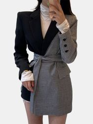 Blazer asymétrique en patchwork à manches longues et col rabattu à carreaux avec ceinture - Newchic - Modalova