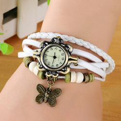 Vintage Quartz Montre-Bracelet Papillon Pendentif En Cuir Perlé Multicouche Montre Bijoux Ethniquess - Newchic - Modalova