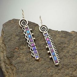 Vintage 925 argent plaqué longue peigne dent abstraite boucles d'oreilles plié arc-en-ciel violet bleu boucles d'oreilles - Newchic - Modalova