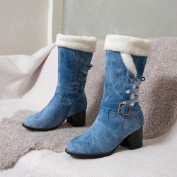 S Denim Tissu Doublure En Peluche Doublure Boucle De Ceinture Talon Chunky Bottes De Neige - Newchic - Modalova