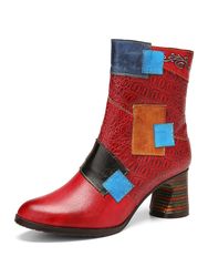 SOCOFY Bottes courtes en cuir embossé ColorBlock confortables à glissière latérale à talons épais - Newchic - Modalova