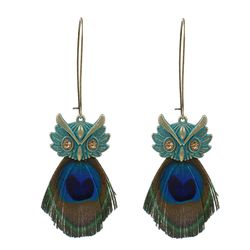 Vintage Antique or hibou bleu plume de paon Dangle boucles d'oreilles longues boucles d'oreilles pour les s - Newchic - Modalova
