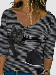 Fleur Décolleté Dentelle Garniture Rayé Chat Imprimé Vintage Plus Blouse Taille - Newchic - Modalova