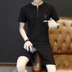 T-shirt à manches courtess de style chinois costume décontractés costume d'été en coton et lin slim marée - Newchic - Modalova