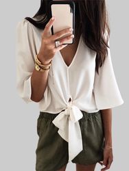 Blouse décontractée à manches 3/4 et col en V de couleur unie pour les s - Newchic - Modalova