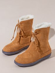 Bottes de neige courtes plates à lacets chaudes en daim synthétique de couleur unies de grande taille - Newchic - Modalova