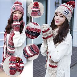 Ensemble Chapeau Écharpe et Gants à Rayures en Maille Bonnet avec Pompon pour Hiver - Newchic - Modalova