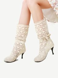 Slip mi-mollet en dentelle de grande taille sur des bottes à talons compensés élégantes évidées - Newchic - Modalova