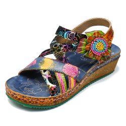 SOCOFY Motif bohème en cuir véritable, boucle florale à crochet, sandales à talons compensés confortables - Newchic - Modalova