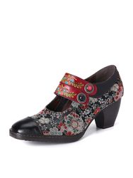 SOCOFY rétro fleur impression perle boucle sangle en cuir véritable talon bas pompes à glissière - Newchic - Modalova