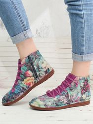 SOCOFY Motif d'impression rétro couture à lacets bottes plates confortables à glissière - Newchic - Modalova