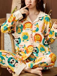 S Coton Allover Cartoon Animal Lettre Imprimer Mignon Revere Col Longs Ensembles De Vêtements De Nuit - Newchic - Modalova