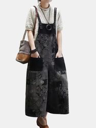 Combinaison en denim baggy patchwork imprimé ethnique vintage avec poche - Newchic - Modalova