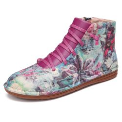 SOCOFY Motif d'impression rétro couture à lacets bottes plates confortables à glissière - Newchic - Modalova