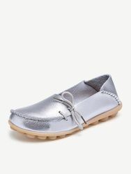 Chaussures Souples Plates En Cuir Brillant Couleur Pure Style Mocassins À Lacet Pointure Large - Newchic - Modalova
