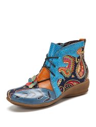 SOCOFY Folkways tissu floral Paisley épissage fleur décor en cuir confortable portable bottines plates bottes Fatbaby - Newchic - Modalova