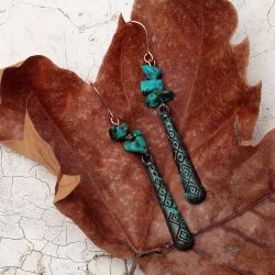 Ethnic Turquoise s Longues Boucles D'oreilles Motif Géométrique Vintage Gravé Piering Drop Dangle Boucles D'oreilles - Newchic - Modalova