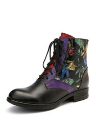 SOCOFY Peinture à l'huile fleur en cuir véritable couture fermeture éclair à lacets bottes plates - Newchic - Modalova