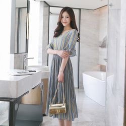 Nouvelle couleur de contraste rayures cinq manches manches feuilles mince robe mi-longue - Newchic - Modalova